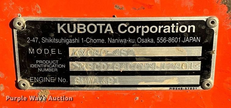 image for item LK9690 2021 Kubota KX080-4S2  mini excavator