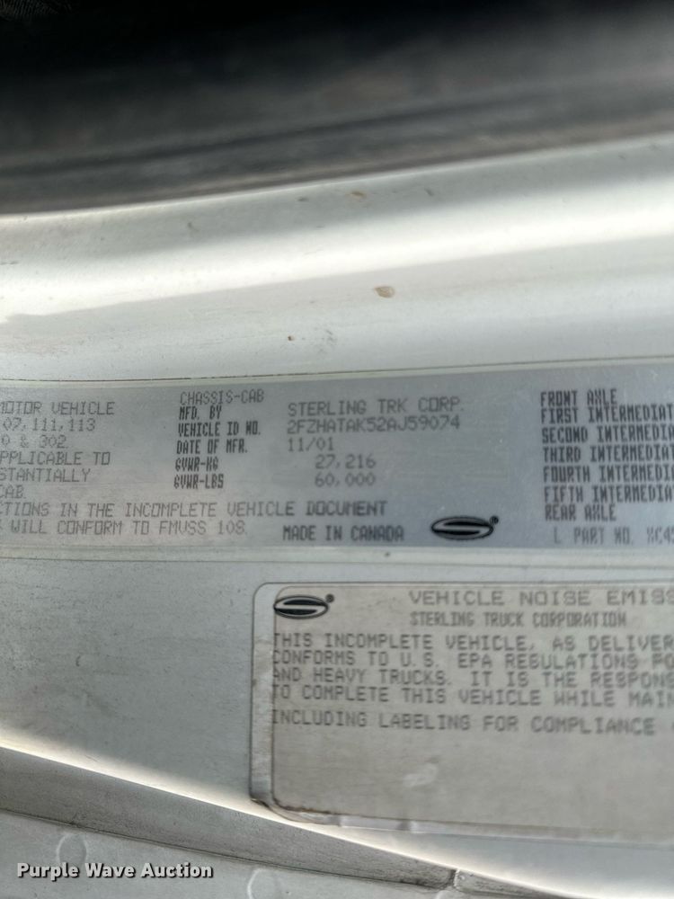 image for item LO9346 2002 Sterling LT7500  sewer jetter truck