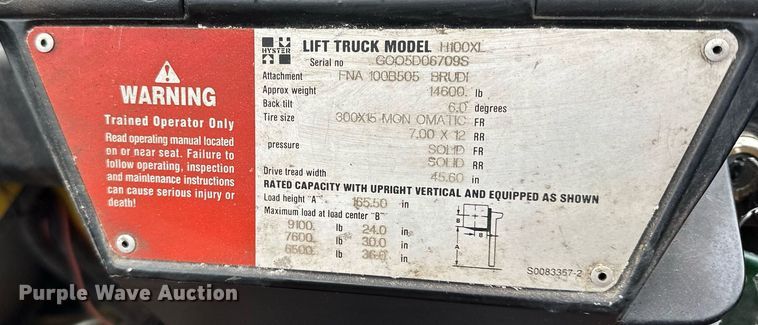 image for item LO9349 Hyster H100XL  forklift