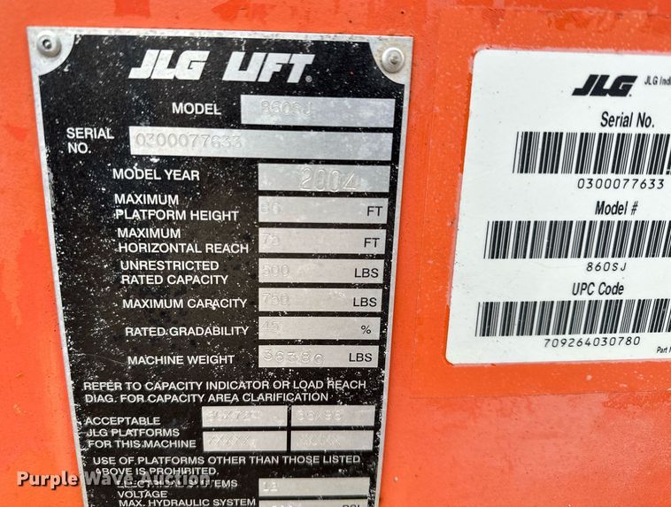 image for item LO9352 2004 JLG 860SJ  boom lift