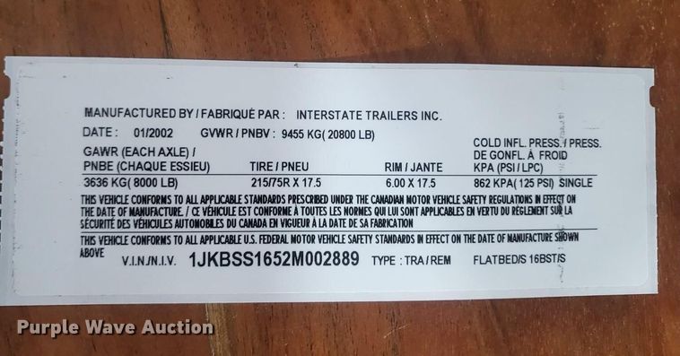 image for item LX9951 2002 Interstate equipment trailer