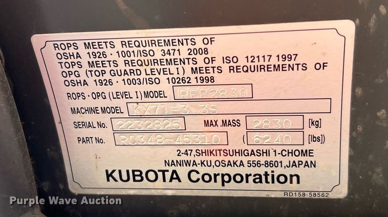 image for item MH9972 2022 Kubota KX71-3R1  mini excavator