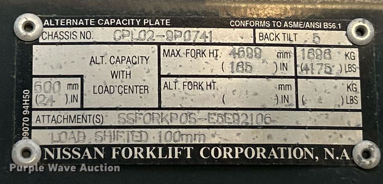 image for item NE9566 Nissan MCPL02A2BLV  forklift