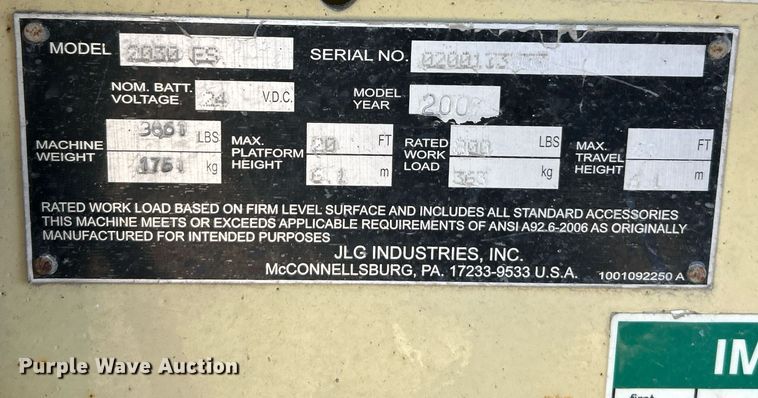 image for item NE9568 2007 JLG 2030ES  scissor lift