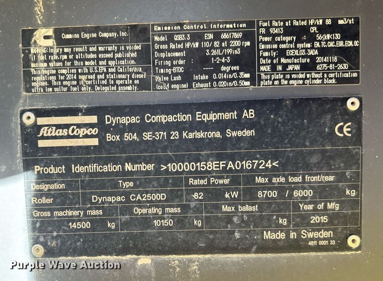 image for item NI9554 2015 Dynapac CA2500D  single drum vibratory roller