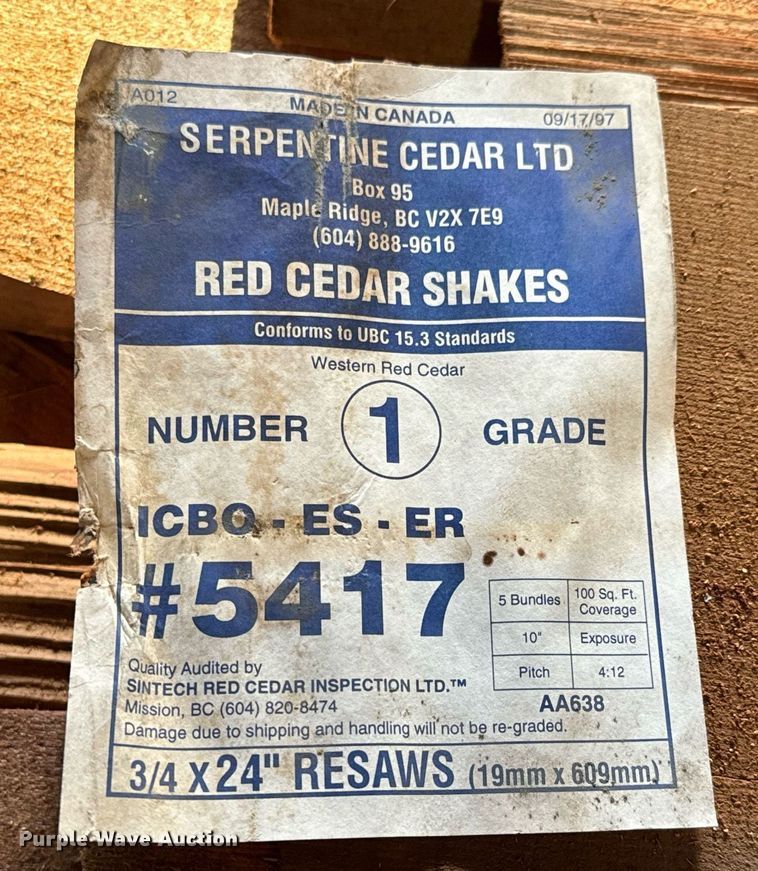 image for item NI9583 Approximately 235 bundles of Serpentine Cedar Ltd cedar shake shingles