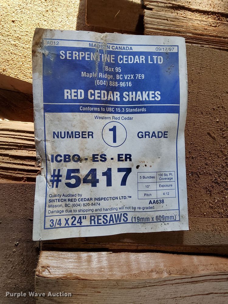 image for item NI9583 Approximately 235 bundles of Serpentine Cedar Ltd cedar shake shingles