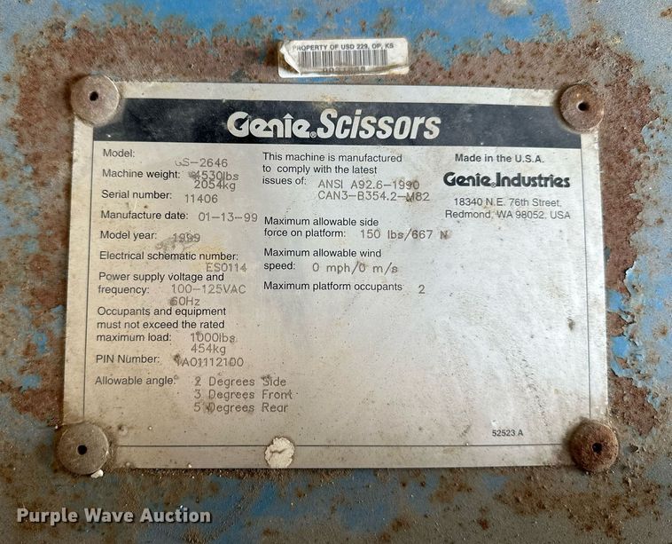 image for item NL9274 1999 Genie GS2646  scissor lift