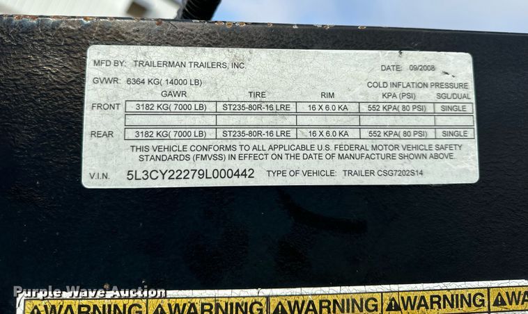 image for item NM9131 2009 Trailerman CSG7202S14  equipment trailer