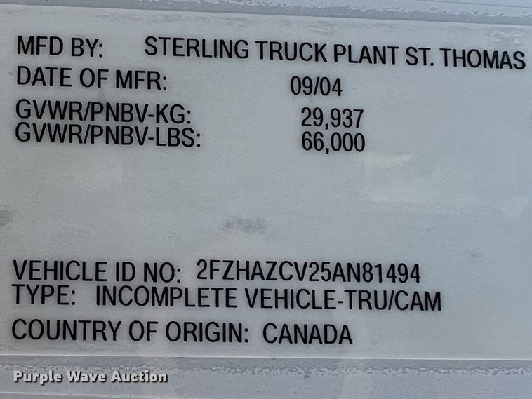 image for item NR9294 2005 Sterling LT9500  crane truck