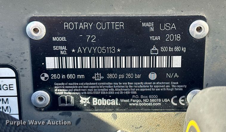 image for item NS9089 2018 Bobcat 72  skid steer rotary mower