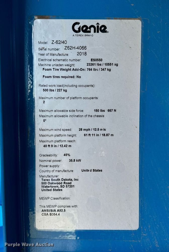 image for item OF9622 2018 Genie Z-62/40  boom lift