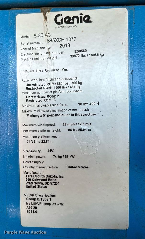 image for item OF9637 2018 Genie S-85 XC  boom lift