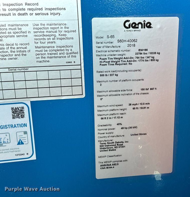 image for item OF9642 2018 Genie S-65  boom lift