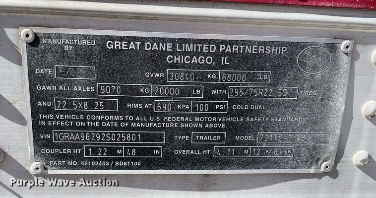 image for item DI6267 2002 Great Dane  refrigerated van trailer