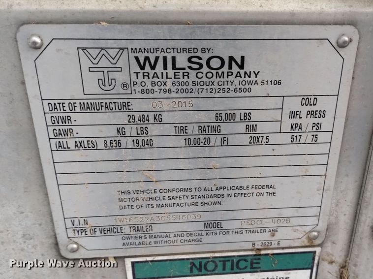 image for item DK8919 2016 Wilson PSDCL-402B  livestock trailer