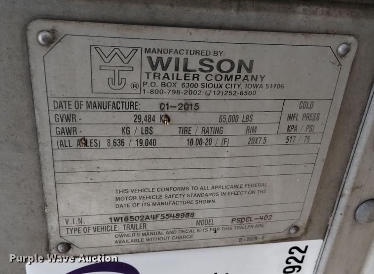 image for item DK8922 2015 Wilson PSDCL-402  livestock trailer