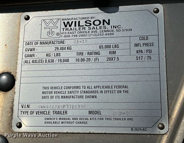image for item DP2162 2015 Wilson DWH-500  grain trailer