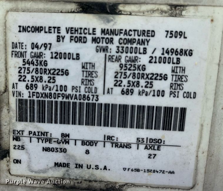 image for item LD9838 1998 Ford L8000  truck cab and chassis