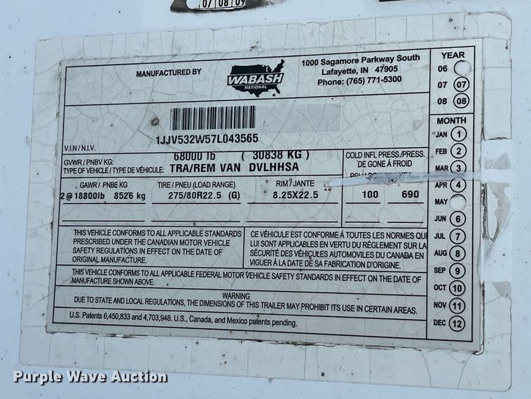 image for item LD9889 2007 Wabash DVLHHSA  dry van trailer