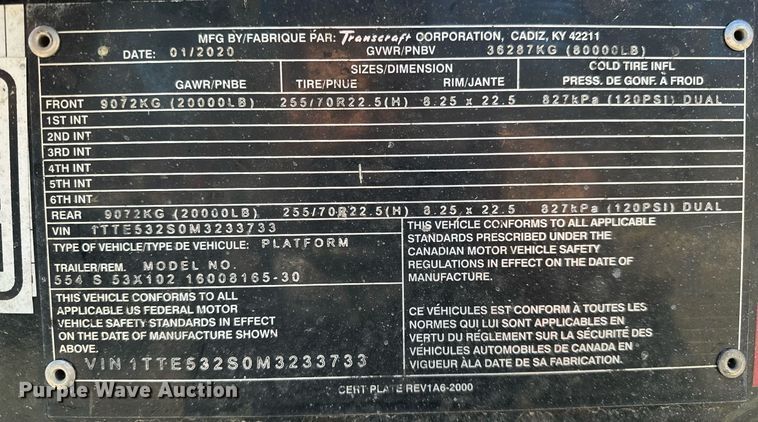 image for item LK9646 2021 Transcraft  554S  drop deck equipment trailer