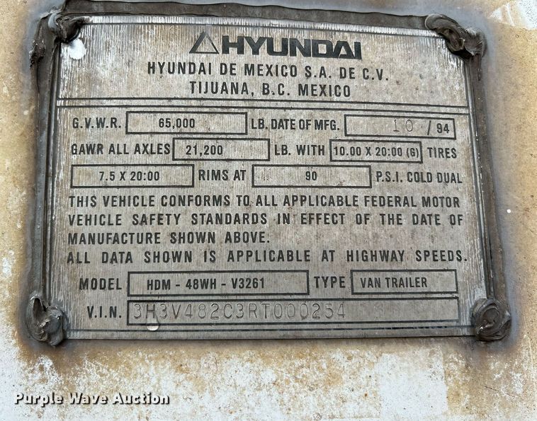 image for item NE9600 1994 Hyundai HDM-48WH-V3261  dry van trailer