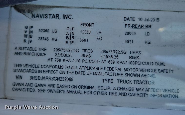 image for item NZ9120 2016 International ProStar  semi truck