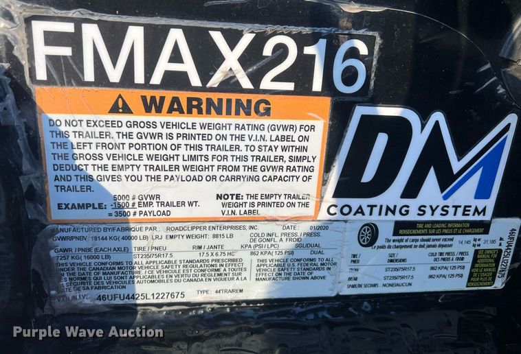 image for item OA9242 2020 Diamond C FMAX216  equipment trailer