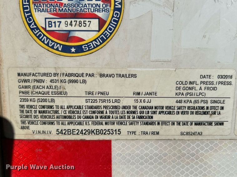 image for item DN0553 2019 Bravo Trailers SC8524TA3  enclosed cargo trailer