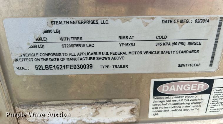 image for item DN0557 2014 Stealth Enterprises  enclosed cargo trailer