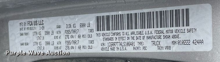 image for item LV9265 2020 Dodge Ram 1500  Crew Cab pickup truck