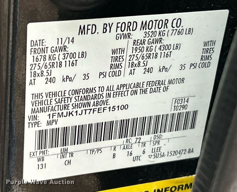 image for item NE9631 2015 Ford Expedition EL XLT  SUV