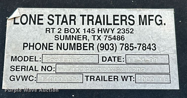 image for item NO9479 1999 Lone Star equipment trailer