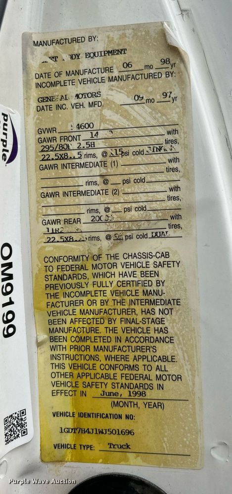 image for item OM9199 1998 GMC C8500 digger derrick truck