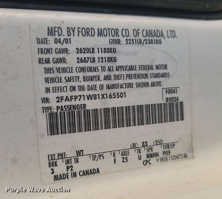 image for item KU9021 2001 Ford Crown Victoria Police Interceptor