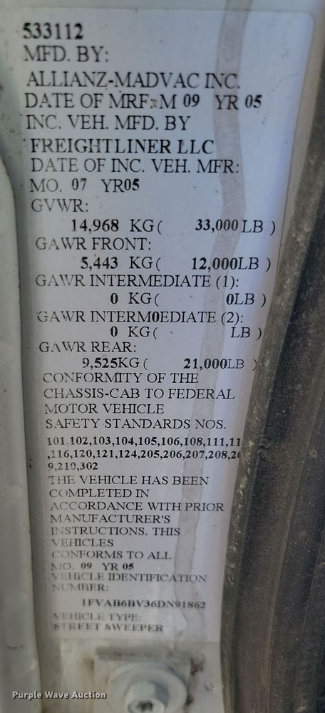 image for item KU9033 2006 Freightliner  Johnson FC-80 street sweeper truck