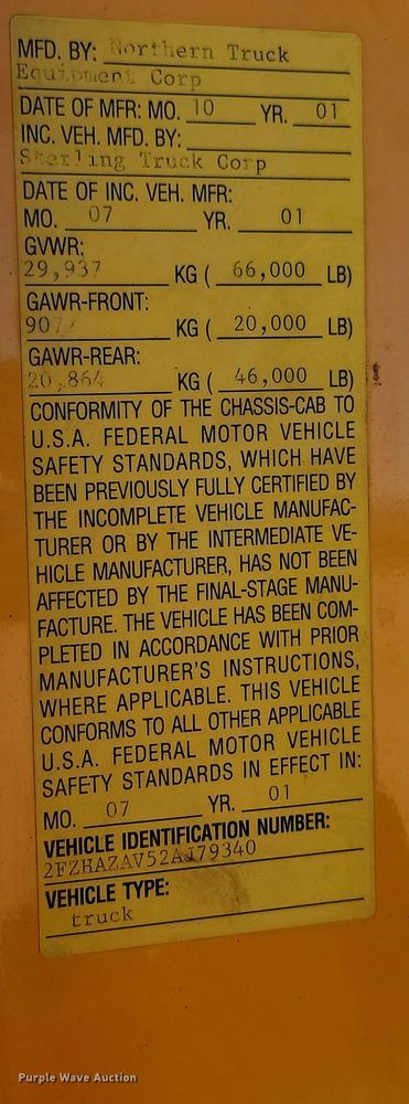 image for item KU9036 2002 Sterling LT9500 dump truck