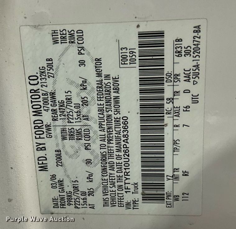 image for item LO9293 2006 Ford Ranger  pickup truck