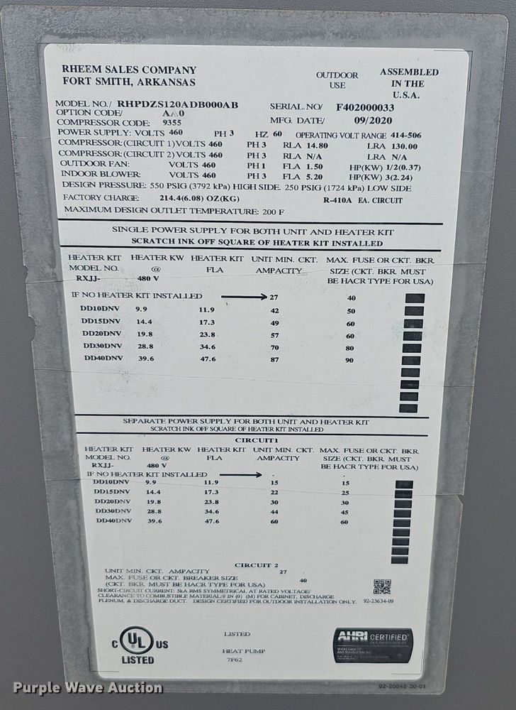 image for item NP9293 2020 RUUD RHPDZS120ADB000AB  HVAC Unit