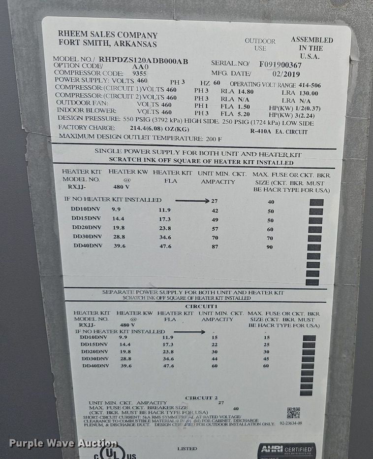 image for item NP9294 2019 RUUD RHPDZS120ADB0000AB  HVAC Unit