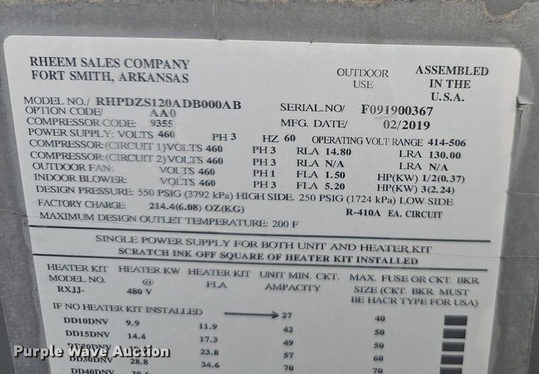 image for item NP9294 2019 RUUD RHPDZS120ADB0000AB  HVAC Unit