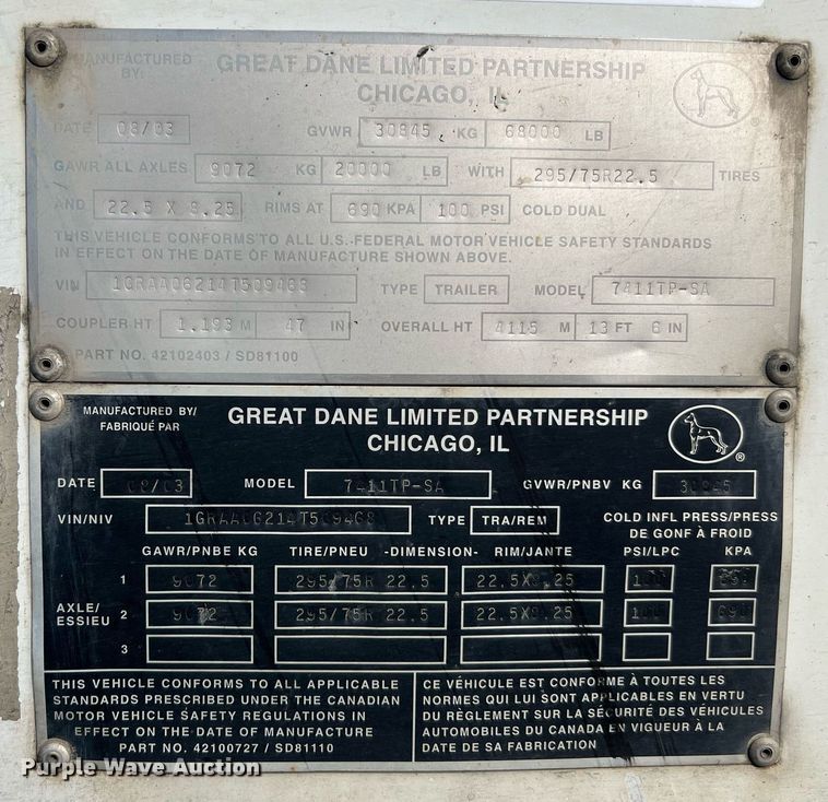 image for item DQ2342 2004 Great Dane 7-11TP-SA  dry van trailer