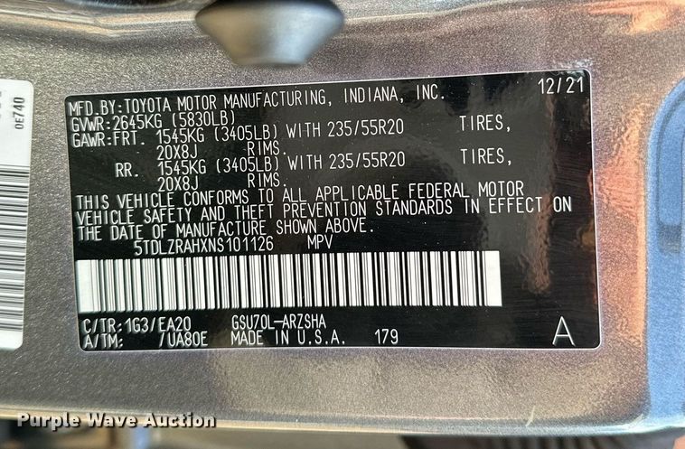 image for item LK9706 2022 Toyota Highlander  SUV