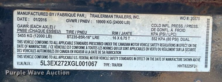 image for item NE9668 2016 Trailerman HHT8225F24  equipment trailer