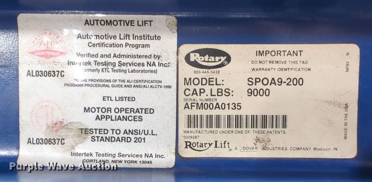 image for item OL9200 Rotary SPOA9-200  two post automotive lift