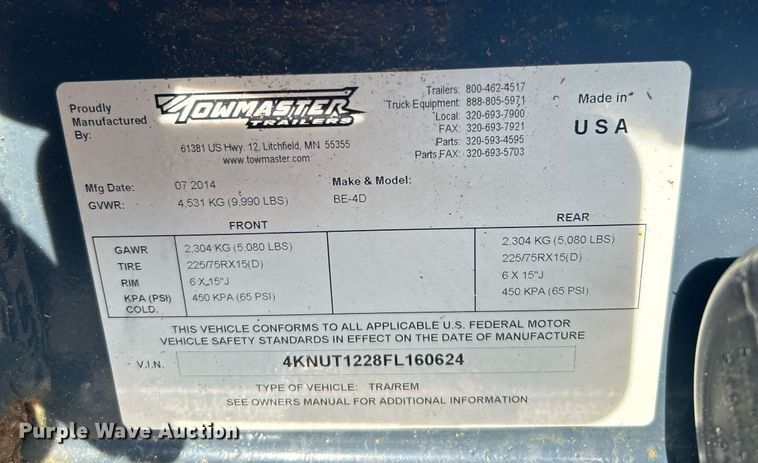 image for item OM9209 2015 Towmaster BE-4D  utility trailer