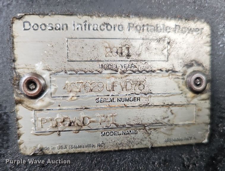 image for item DP0796 2011 Ingersoll Rand P185WJD-T4T  air compressor