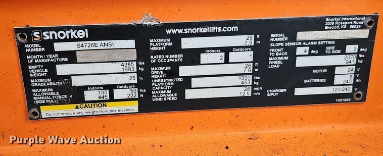 image for item DP0798 2016 Snorkel S4726E  scissor lift