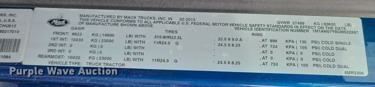 image for item DR7865 2016 Mack CHU613  semi truck