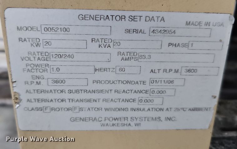 image for item IO9803 2006 Generac 0052100  generator